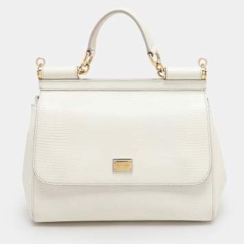 Pre Owned Dolce & Gabbana White Lizard Embossed Leather Medium Miss Sicily Top Handle Bag