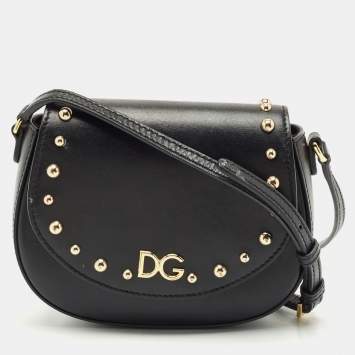 Dolce & Gabbana Bambino Black Leather Logo Studded Flap Crossbody Bag