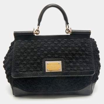 Pre Owned Dolce & Gabbana Black Crochet and Snakeskin Large Miss Sicily Top Handle Bag