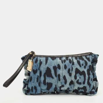 Dolce & Gabbana Blue Leopard Print Denim Ruffle Zip Pouch
