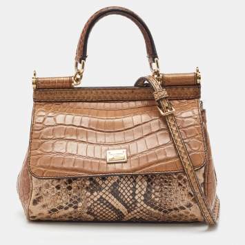 Pre Owned Dolce & Gabbana Brown/Beige Crocodile and Python Small Miss Sicily Top Handle Bag