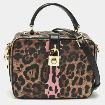 Dolce & Gabbana Brown/Black Leopard Print Coated Canvas Rosaria Box Top Handle Bag