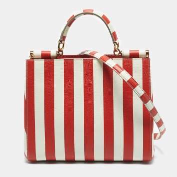 Pre Owned Dolce & Gabbana Red/White Leather Medium Miss Sicily Top Handle Bag