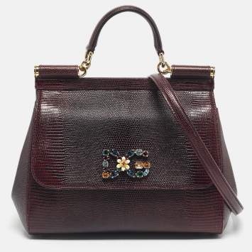 Pre Owned Dolce & Gabbana Burgundy Lizard Embossed Leather Medium Miss Sicily Top Handle Bag