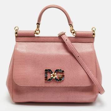 Pre Owned Dolce & Gabbana Pink Lizard Embossed Leather Medium Crystal DG Miss Sicily Top Handle Bag