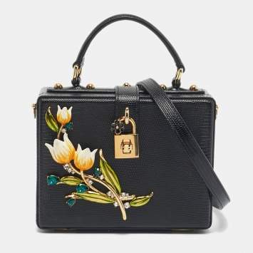Pre Owned Dolce & Gabbana Black Lizard Embossed Leather Tulip Embellished Box Bag