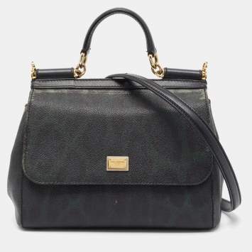 Pre Owned Dolce & Gabbana Green/Black Leopard Print Coated Canvas Medium Miss Sicily Top Handle Bag