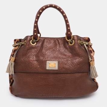 Pre Owned Dolce & Gabbana Brown/Beige Calf Hair and Leather Drawstring Tassel Satchel