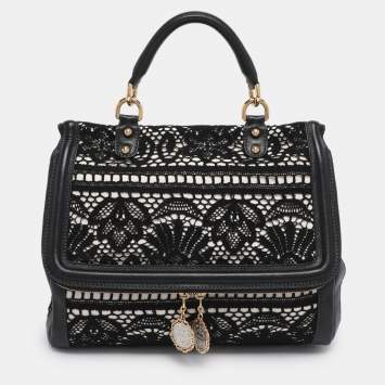 Pre Owned Dolce & Gabbana Black/White Lace and Leather Large Miss Sicily Top Handle Bag