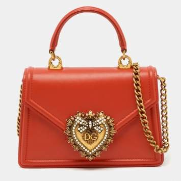 Pre Owned Dolce & Gabbana Orange Devotion Small Embellished Leather Top Handle Bag