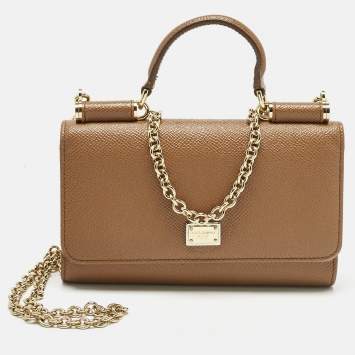 Pre Owned Dolce & Gabbana Brown Leather Miss Sicily Von Wallet On Chain
