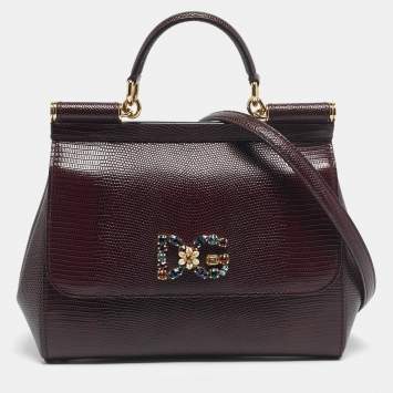 Pre Owned Dolce & Gabbana Burgundy Lizard Embossed Leather Medium Miss Sicily Top Handle Bag