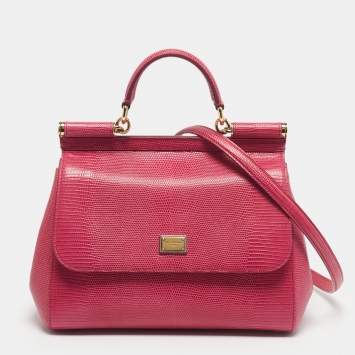 Pre Owned Dolce & Gabbana Fuchsia Lizard Embossed Leather Medium Miss Sicily Top Handle Bag
