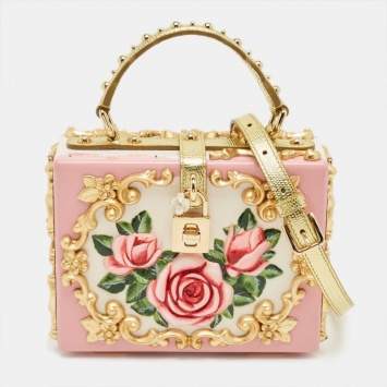 Pre Owned Dolce & Gabbana Pink/Gold Roses Baroque Acrylic Dolce Box Top Handle Bag