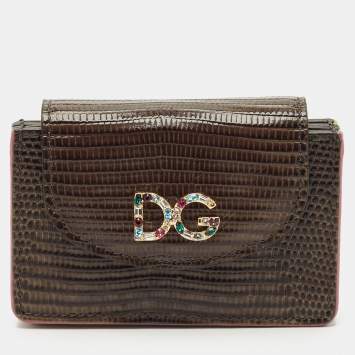 Pre Owned Dolce & Gabbana Grey Lizard Embossed Leather DG Crystals Flap Card Case