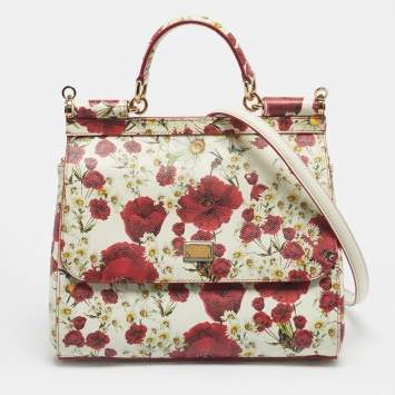 Pre Owned Dolce & Gabbana Red/White Leather Medium Floral Miss Sicily Top Handle Bag