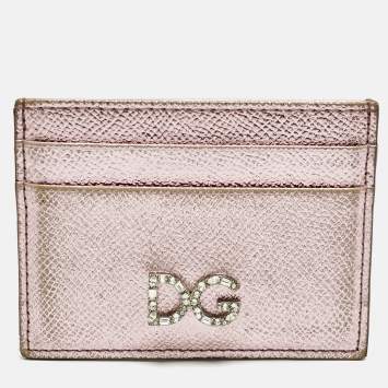 Pre Owned Dolce & Gabbana Metallic Pink Leather DG Crystals Card Holder