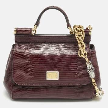 Pre Owned Dolce & Gabbana Burgundy Lizard Embossed Leather Micro Miss Sicily Top Handle Bag