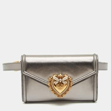 Pre Owned Dolce & Gabbana Metallic Grey Leather Devotion Belt Bag