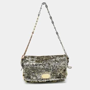 Pre Owned Dolce & Gabbana Gold/Silver Sequin and Leather Miss Charles Shoulder Bag
