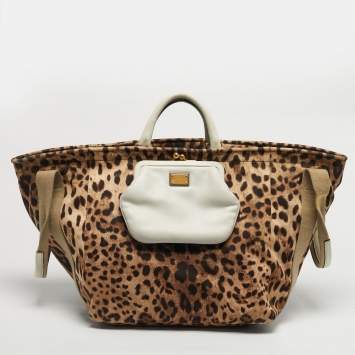 Pre Owned Dolce & Gabbana Brown/Black Leopard Print Fabric and Leather Front Pouch Tote