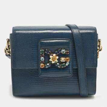 Pre Owned Dolce & Gabbana Blue Lizard Embossed Leather Small DG Millennials Shoulder Bag