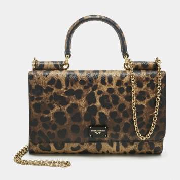 Pre Owned Dolce & Gabbana Beige/Black Leopard Print Coated Canvas Miss Sicily Von Wallet on Chain