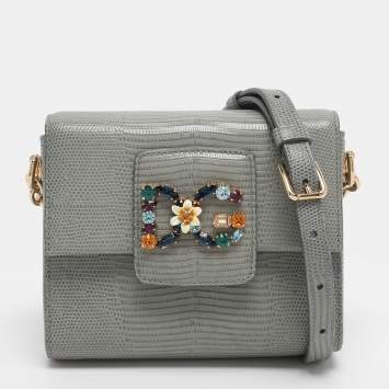 Pre Owned Dolce & Gabbana Grey Lizard Embossed Leather DG Millennials Shoulder Bag
