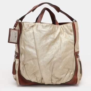 Pre Owned Dolce & Gabbana Gold/Brown Coated Canvas and Leather Miss Exotic Tote