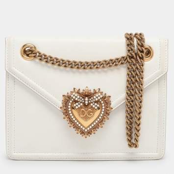 Pre Owned Dolce & Gabbana White Leather Medium Devotion Shoulder Bag