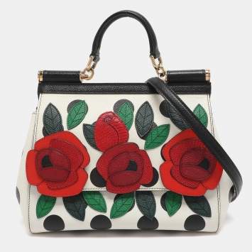 مملوكة مسبقًا Dolce & Gabbana Miss Sicily Medium White/Black Polka Dot Leather Floral Applique Top Handle Bag