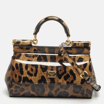 مملوكة مسبقًا Dolce & Gabbana Miss Sicily x Kim Small Brown Leopard Print Patent Leather Top Handle Bag