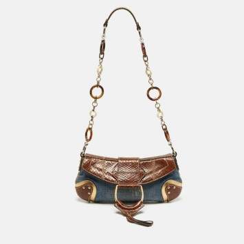Pre Owned Dolce & Gabbana Tricolor Denim and Snakeskin Leather Shoulder Bag