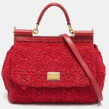 مملوكة مسبقًا Dolce & Gabbana Miss Sicily Medium Red Floral Crochet Canvas Top Handle Bag