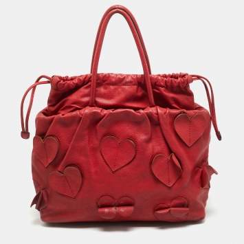 Pre Owned Dolce & Gabbana Heart Applique Red Leather Drawstring Tote
