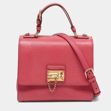 Pre Owned Dolce & Gabbana Miss Monica Medium Pink Lizard Embossed Leather Top Handle Bag