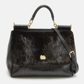 Pre Owned Dolce & Gabbana  Miss Sicily Large Black/Brown Eel Leather and Mink Fur Top Handle Bag