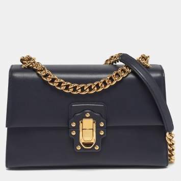 Pre Owned Dolce & Gabbana Lucia Large Navy Blue Leather Shoulder Bag