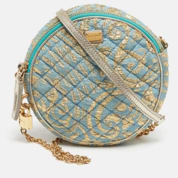 Pre Owned Dolce & Gabbana Miss Glam Round Blue/Gold Quilted Fabric Shoulder Bag