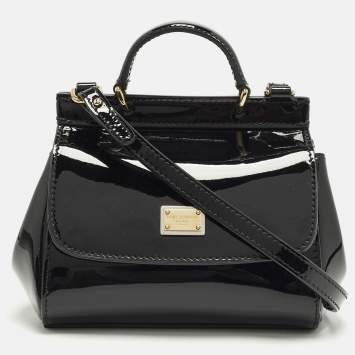 Pre Owned Dolce & Gabbana Miss Sicily Micro Black Patent Leather Crossbody Bag