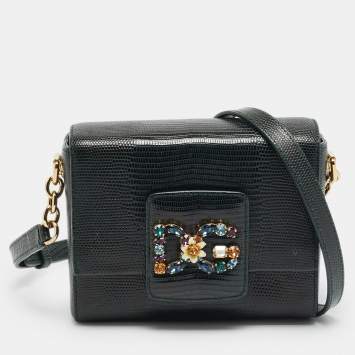 Pre Owned حقيبة كروس بودي دولتشي أند غابانا دي جي ميليلينالز جلد أخضر داكن مزخرف بأثر السحلية مع رفرف