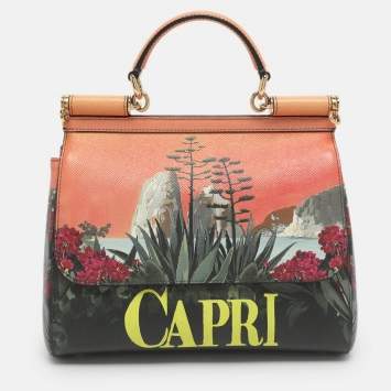 Pre Owned Dolce & Gabbana Miss Sicily Medium Capri Printed Multicolor Leather Top Handle Bag