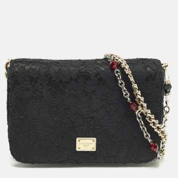 مملوكة مسبقًا Dolce & Gabbana Black Lace Mini Jewel Chain Flap Bag