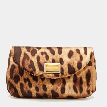 مملوكة مسبقًا Dolce & Gabbana Brown Leopard Print Satin Flap Clutch
