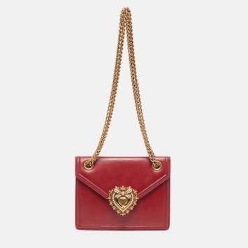 Pre Owned Dolce & Gabbana Devotion Medium Red Leather Shoulder Bag
