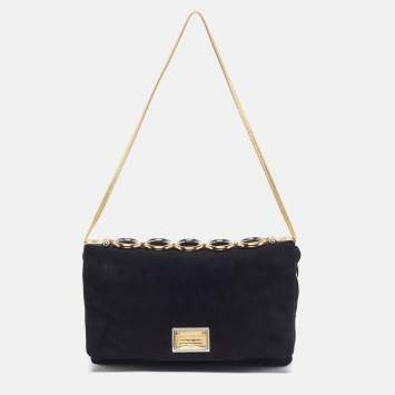 Pre Owned Dolce & Gabbana Miss Deco Black/Gold Suede and Leather Shoulder Bag