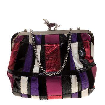 Pre Owned Dolce & Gabbana Multicolor Patchwork Crystal Embellished Chain Clutch