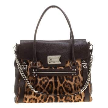 Pre Owned Dolce & Gabbana Dark Brown Leopard Print Leather and Calf Hair Top Handle Bag