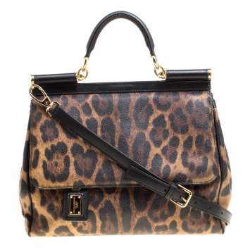 Pre Owned Dolce & Gabbana Brown Leopard Print Coated Canvas Large Miss Sicily Top Handle Bag