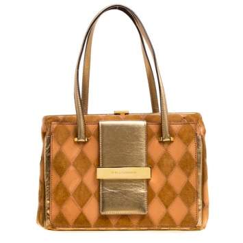 Pre Owned Dolce & Gabbana Peach/Gold Quilted Stitch Leather and Suede Frame Bag 